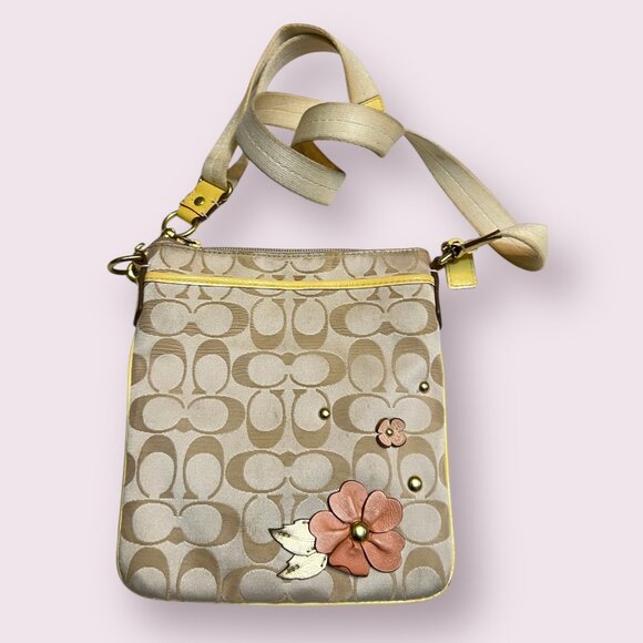 Coach Handbags - Coach Crossbody Bag Khaki Signature C Canvas Yellow Trim Floral Applique